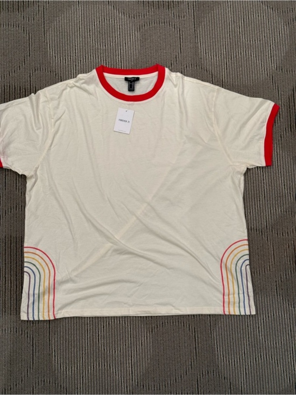 Forever 21 Cream Short-Sleeve Ringer Tee with Red Trim and Rainbow Stitch